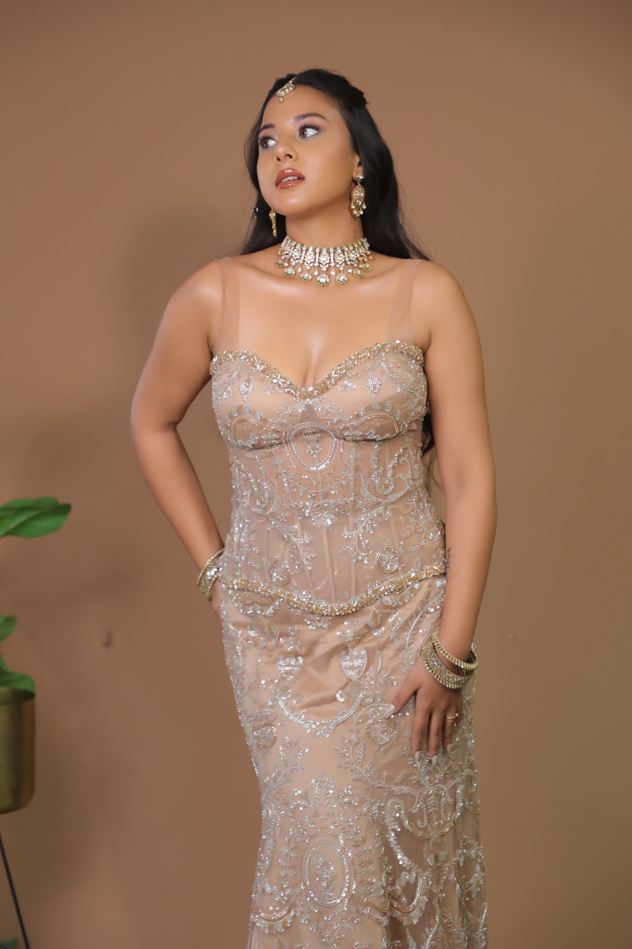 Engagement gown look with luminous base makeup